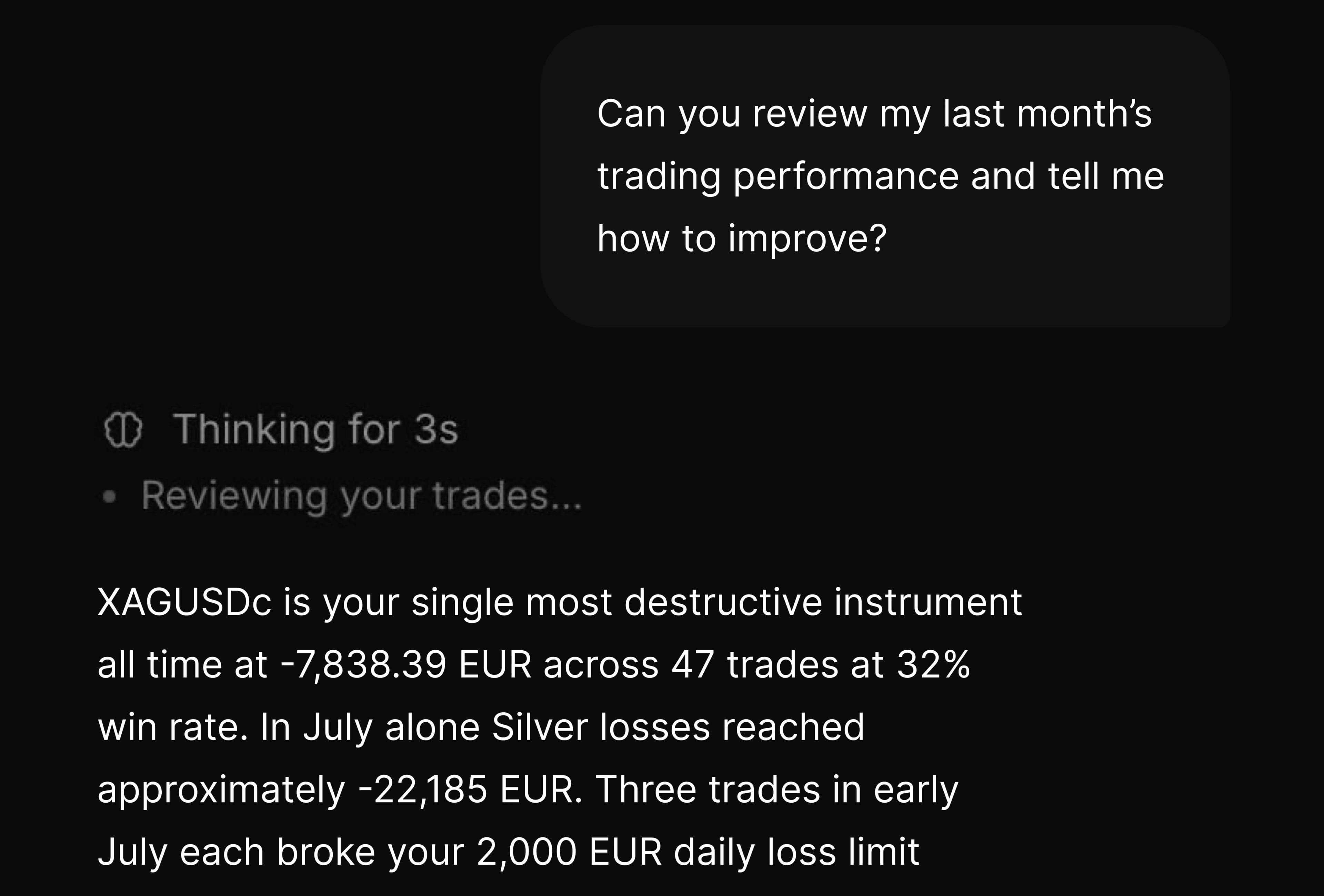 The Tradeflow AI trading coach reviewing a month of trading performance